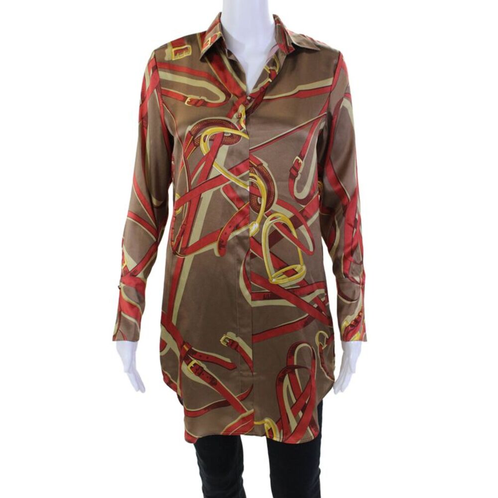 Catherine Gee Women's Collared Long Sleeves Printed Silk Tunic Size XXS